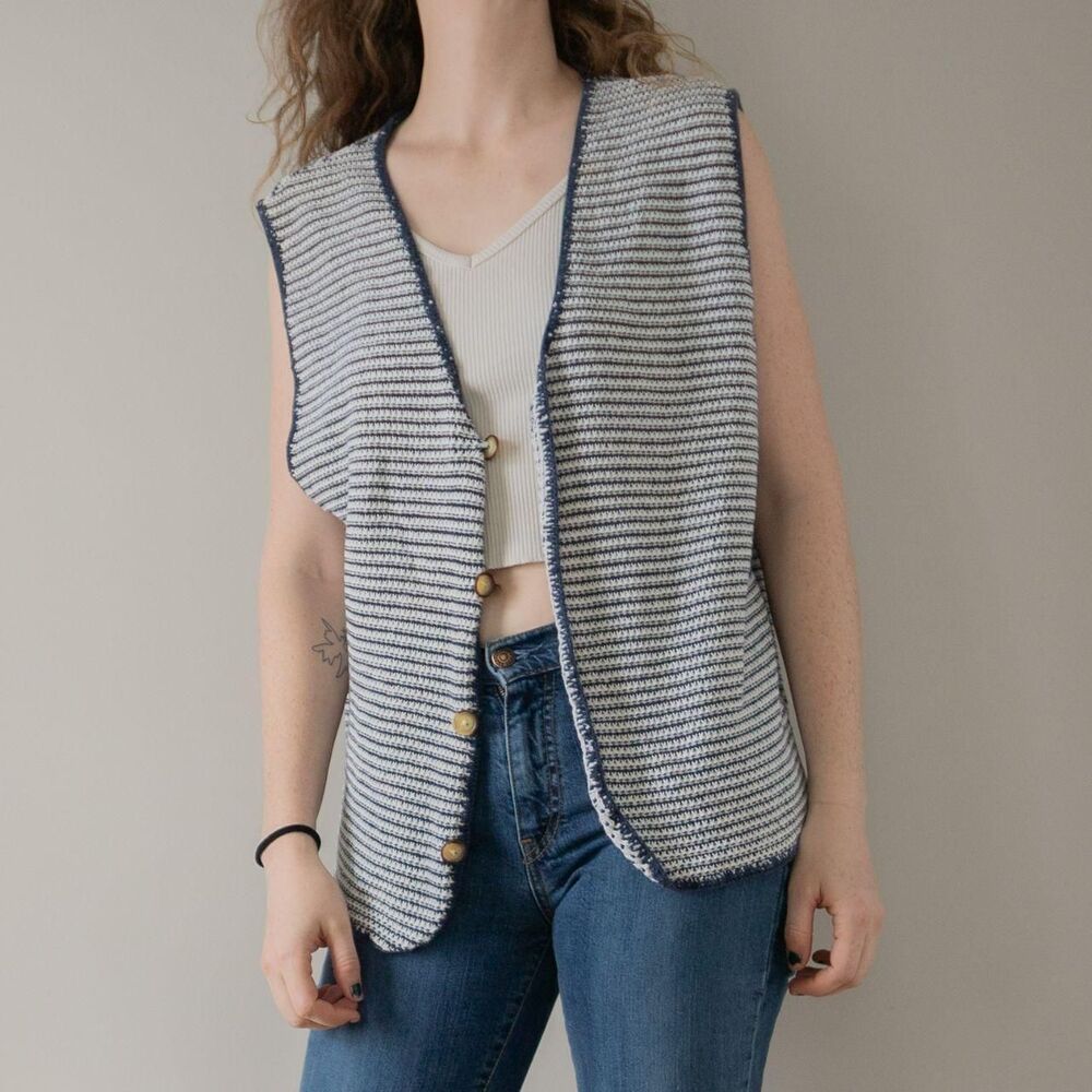 Vintage 90s Blue Coastal Grandpa Nautical Indie Cottage Knit Men's Button Vest